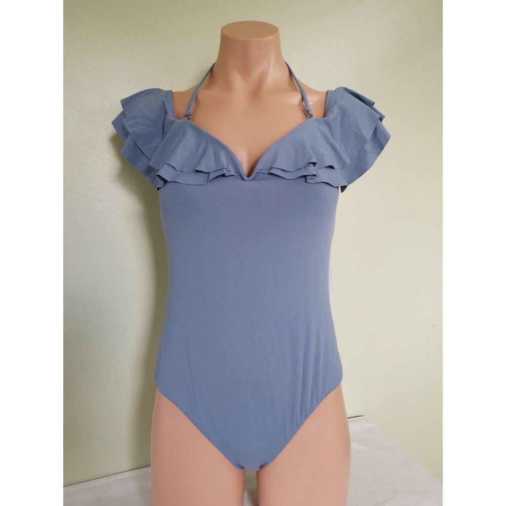 Becca by Rebecca Virtue gray ruffle of the shoulder one piece swimsuit  M